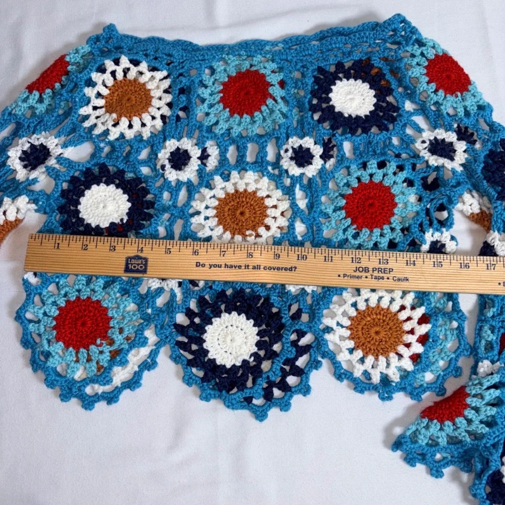Unbranded Crochet Granny Square Top Small Blue Excellent Boho Floral Cropped